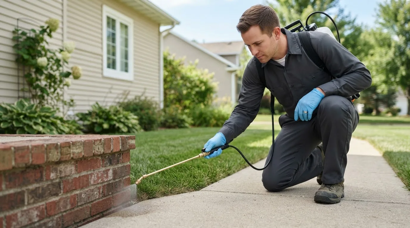 Pest control technician treating a home near Lisbon, ND